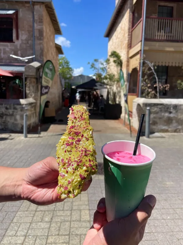Pistachio Crunch French toast and Rose Bandung drink in the sun at Fremantle